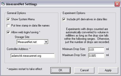 MeasureNet's new Settings Menu